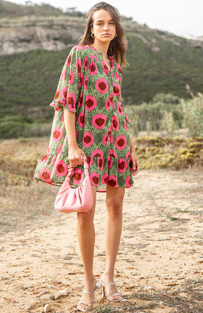 Mohnblumenfeld Sancho Kleid rosa grün von ECOVERO Frauen | Sophie Stone