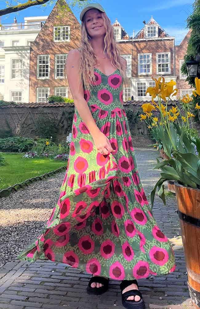 Poppyfield Dinas maxi jurk roze groen van ECOVERO vrouwen | Sophie Stone  https://sophi